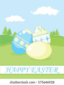 painted Easter eggs on the grass in a landscape greeting card, vector image