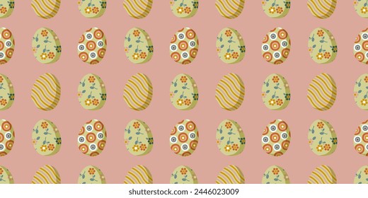 Painted Easter eggs on a pink background form a seamless pattern for textiles and wrapping paper. Vector.