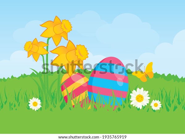Painted easter eggs on a\
spring meadow vector. Yellow daffodils and painted easter eggs\
vector. Beautiful fresh spring landscape vector. Spring easter\
meadow illustration