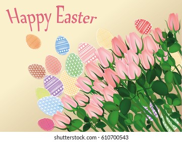 Painted Easter eggs with a pattern. Beautiful white flowers. Roses. Empty place for your ad, message or message. Greeting card. Free place. Vector illustration on a pink background