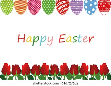 Painted Easter eggs with a pattern. Beautiful white flowers. Roses. Empty place for your ad, message or message. Greeting card. Free place. Vector