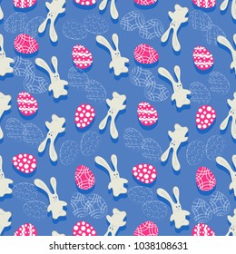 Painted Easter eggs and rabbits. Seamless pattern. Easter design for textiles, packaging materials.