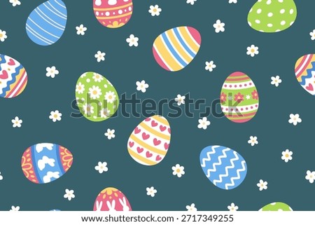 Painted Easter eggs seamless pattern. Festive spring background with patterned eggs and cute flowers.