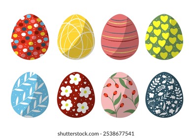 Huevos de Pascua pintados, conjunto, colección floral aislado icono sobre fondo blanco. Feliz Ilustración vectorial de Pascua