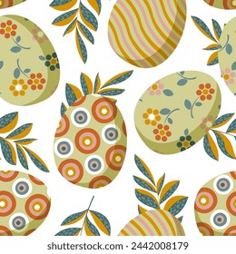 Painted Easter eggs and spring twigs and leaves form a seamless pattern for textiles, wrapping paper. Vector.