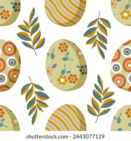 Painted Easter eggs and spring twigs and leaves form a seamless pattern for textiles, wrapping paper. Vector.