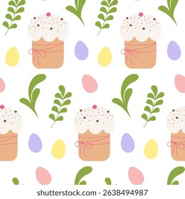 Painted Easter Eggs Sprinkled Easter Cake and green twigs Seamless Pattern Easter Celebrations fond