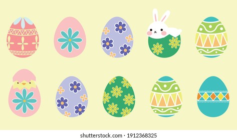 Painted Easter eggs with various color. Lovely bunny and chick hiding inside the egg. 