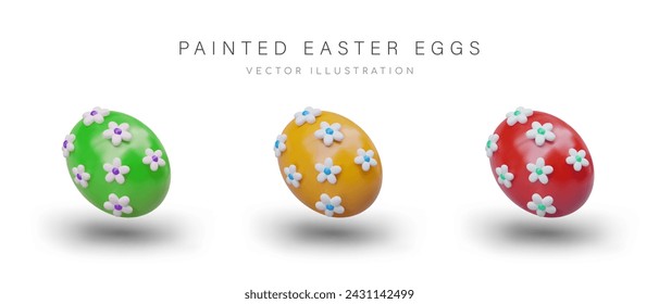 Painted Easter eggs. Vector festive elements decorated with flowers