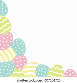 Painted egg corner frame. Painting shell. Heart, star, line shape pattern Light color. Happy Easter. Greeting card template. White background. Isolated. Flat design. Vector illustration