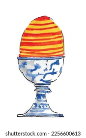 Painted egg cup illustration. Stripey patterned Easter vector watercolor sketch.