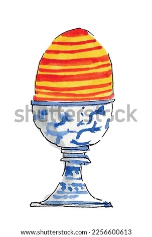 Painted egg cup illustration. Stripey patterned Easter vector watercolor sketch.