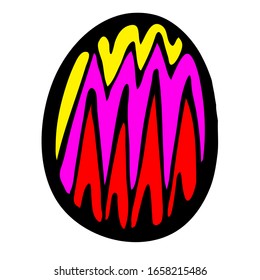 Painted egg with a geometric acute-angled pattern. Red, pink and yellow color design. Beautiful easter pattern. Graphic holiday element for print and greetings. Scandinavian egg on a white background.