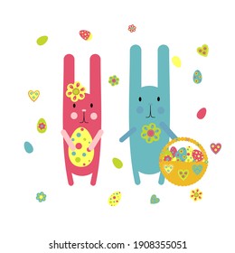 Painted egg lying in spring grass and flowers, Easter decoration border, flat vector illustration isolated on transparent background. Easter decoration element with painted eggs and spring flowers