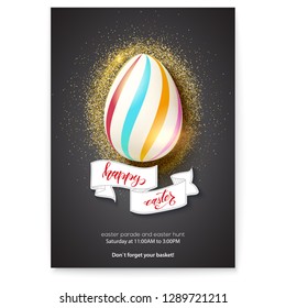 Painted egg on glittering, shining dust for celebration of happy Easter. Hand-drawn text happy easter on vintage banner in doodle style. Poster for hunt for Easter eggs. Vector 3d illustration.