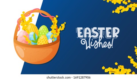 Painted eggs in basket Easter holiday background. Vector banner design for greeting and advertising products.