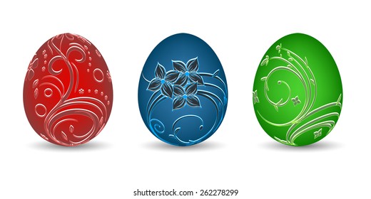 Painted eggs in different colors on a white background, vector illustration 
