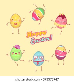 Painted eggs with face. Vector isolated easter set for decoration. Greeting card for children. Cartoon characters.