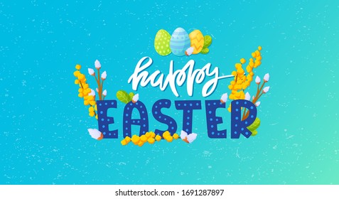 Painted eggs and flowers Easter holiday background. Vector banner design for greeting and advertising products.