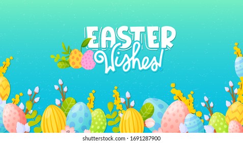 Painted eggs and flowers Easter holiday background. Vector banner design for greeting and advertising products.