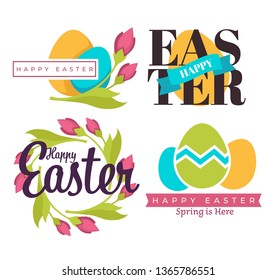 Painted eggs and green branch Easter holiday isolated icons vector religious event symbol Christianity color dairy product shell and greenery emblem or logo stem with leaves celebration and greeting