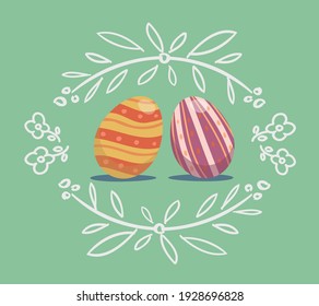 Painted eggs with hand-painted flower and flowering branch symbols on a light green background. International spring holiday postcard. Flat style vector illustration.