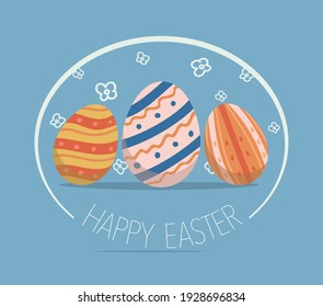 Painted eggs with Happy Easter holidays text on light blue background. International spring celebration. Flat style vector illustration postcard.