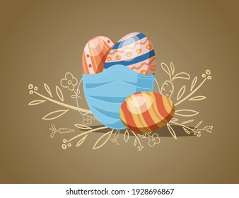 Painted eggs with medical mask and hand-painted carrot, flower and flowering branch symbols on dark golden background. Safe easter. International spring  holiday postcard. Vector illustration.