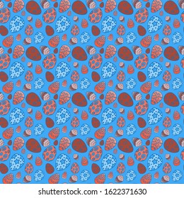 Painted eggs on blue backdrop. Easter holiday seamless pattern for apparel, wallpaper, wrap paper, sleeper, bath tile or bed linen. Phone case or cloth print art. Drawn style stock vector illustration