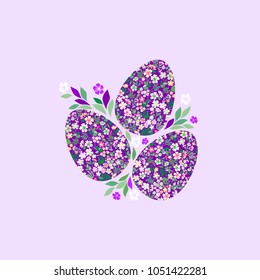 Painted eggs on a lavender background. Easter Greeting Card with egg. Vector illustration for your spring happy holiday design.