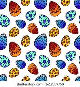 Painted eggs on white backdrop. Easter seamless pattern for apparel, wallpaper, wrap paper, sleeper, bath tile or bed linen. Phone case or cloth print art. Drawn style stock vector illustration