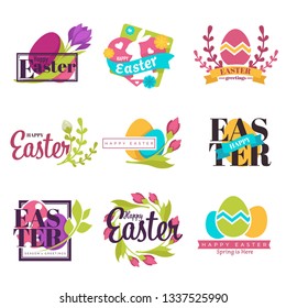 Painted eggs and spring flowers Easter isolated icons with lettering religious holiday vector tulips and mimosa bunny greeting emblems or logo celebration and congratulation Christianity tradition