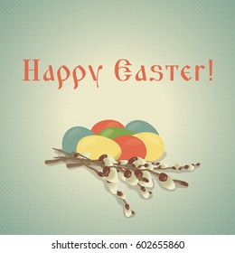 Painted eggs and willow branches. Vector illustration.