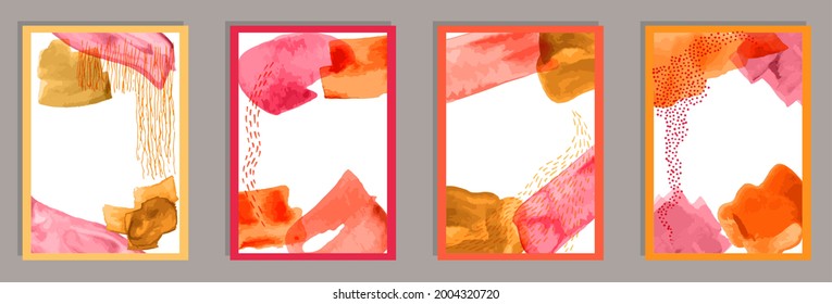 Painted elegant canvas vector set. Watercolor smudges patterns. Nordic style frames. Cool house decor layouts. Scribble elements.
