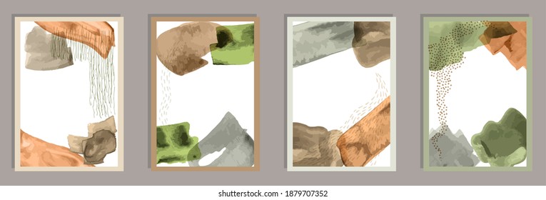 Painted elegant posters vector set. Watercolor blotches patterns. Nordic style design. Cool wall poster templates. Doodle elements.