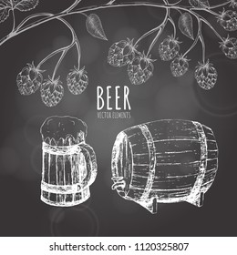 Painted elements on the theme of beer. Vector set. Beer glass, mug, bottle, and hop. Vintage vector engraving illustration for web, poster, invitation to party.