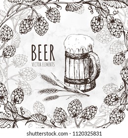 Painted elements on the theme of beer. Vector set. Beer glass, mug, bottle, and hop. Vintage vector engraving illustration for web, poster, invitation to party.