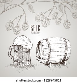 Painted elements on the theme of beer. Vector set. Beer glass, mug, bottle, and hop. Vintage vector engraving illustration for web, poster, invitation to party.