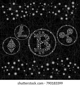 The painted emblems of the best crypto currency. It is made in the form of white lines and lights on a black background. Vector illustration