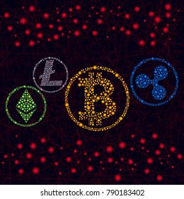 The painted emblems of the best crypto currency. It is made in the form of colored lines and lights. Vector illustration