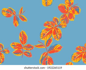 Painted English Rose Leaf Patterns Collection. Saffron Yellow and Red Summer Textile Design. Romantic Botanical Vector Background. Rose Leaves Seamless Pattern. Repeated Spring Peony Wallpaper.