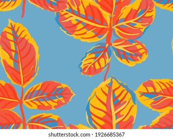 Painted English Rose Leaf Patterns Collection. Rose Leaves Seamless Pattern. Saffron Yellow and Red Repeated Spring Peony Wallpaper. Romantic Botanical Vector Background. Summer Textile Design.