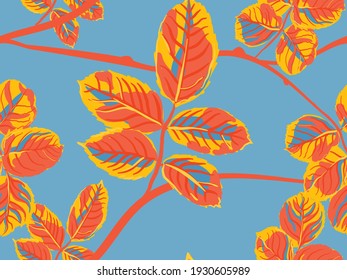 Painted English Rose Leaf Patterns Collection. Repeated Spring Peony Wallpaper. Saffron Yellow and Red Summer Textile Design. Romantic Botanical Vector Background. Rose Leaves Seamless Pattern.