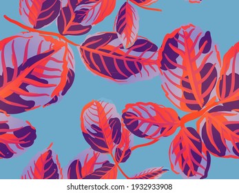 Painted English Rose Leaf Patterns Collection. Repeated Spring Peony Wallpaper. Romantic Botanical Vector Background. Summer Textile Design. Rose Leaves Seamless Pattern. Saffron Yellow and Red