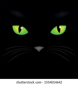 The painted face of the cat, very cute and beautiful. Vector in EPS. Depicted ears, eyes and nose on a black background. 
Green emerald eyes, expressive