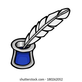 Painted feather with glass of ink, vector illustration