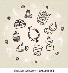 Painted female accessories. Beads, comb, mirror, powder, candle, bath salt, capkake, cosmetics. Vector illustration on a beige background.