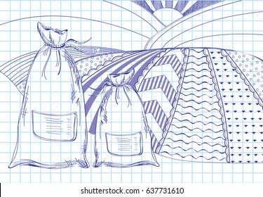 Painted fields with bags of wheat in the foreground