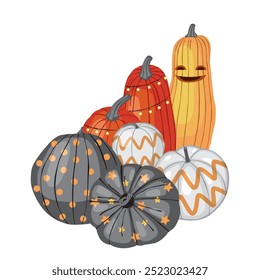 Painted Fingerprint Pumpkins and Winter melon isolated on white background.