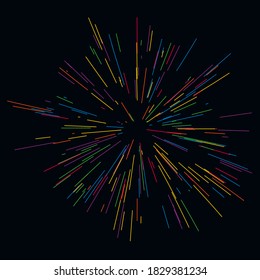 Painted fireworks. Colorful layout. Vector illustration. Rays of fireworks Dynamic style. Abstract explosion, speed motion lines from the middle. Vector illustration